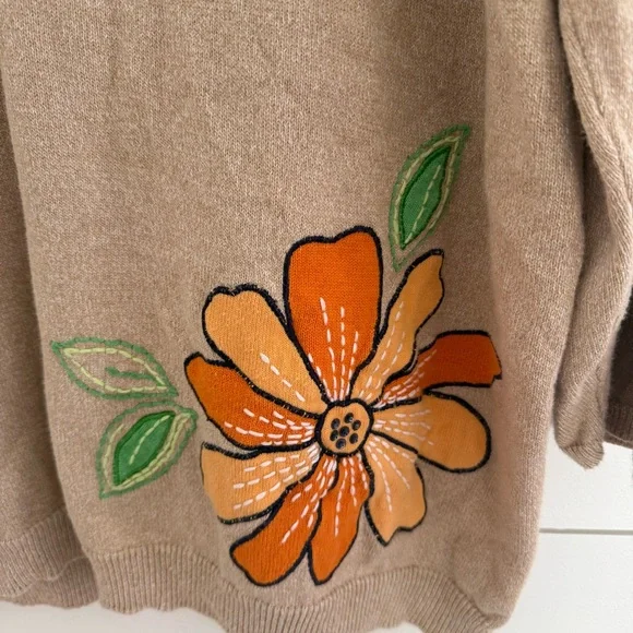 Alfred Dunner 3XL Embroidered Flower Sweater Top 3/4 Sleeve Tan Lightweight - Picture 3 of 5